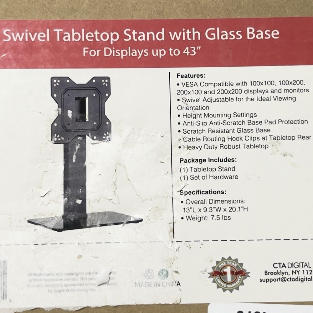 New in Box - CTA Swivel Tabletop Stand w/ Glass Base for up to 43”